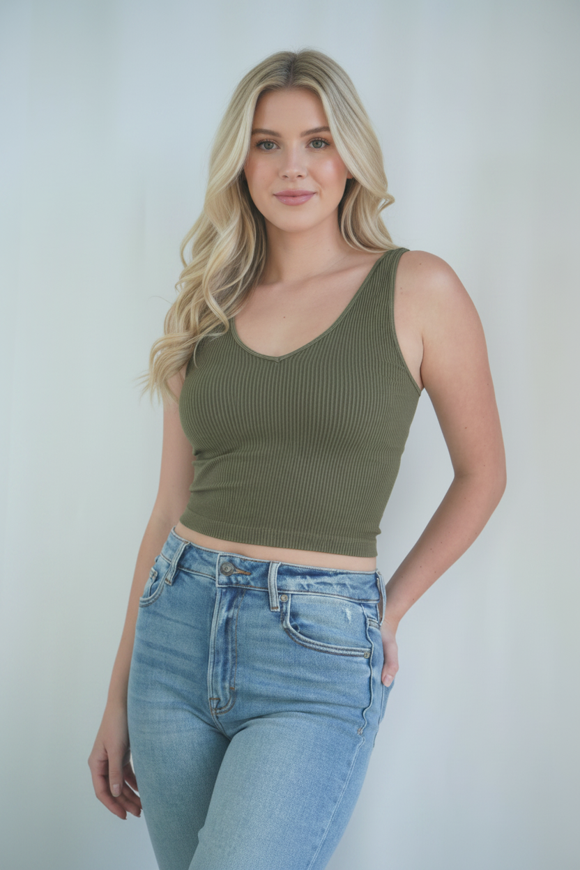 Ribbed V-Neck Crop Tank - Blonde Model